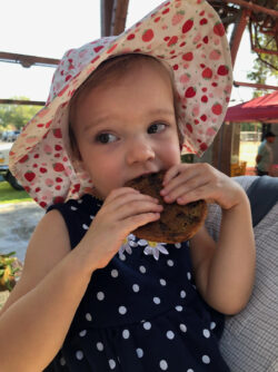 My granddaughter Abby at 27 months enjoying one of the finer things in life--a chocolate chip cookie at a farmers market!
